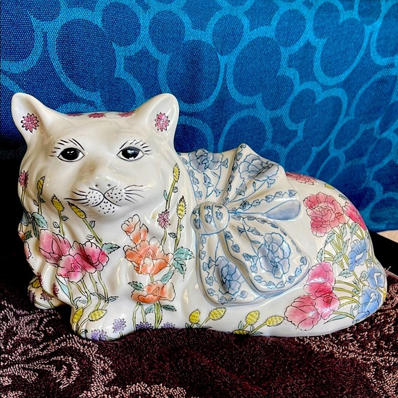 Vintage large Floral Ceramic Cat Figurine